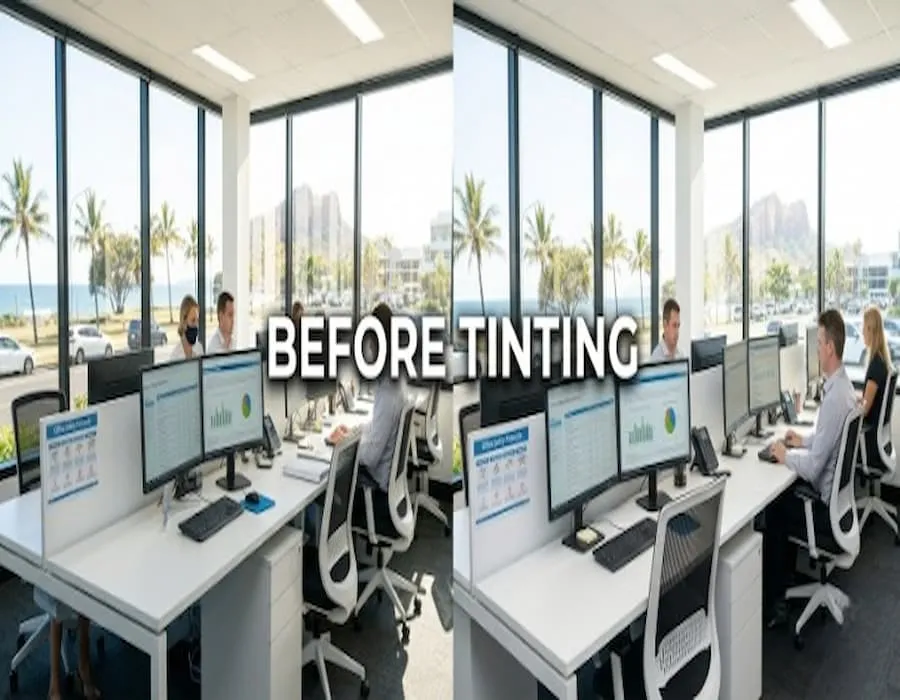 Office window tinting before and after — commercial film Townsville QLD